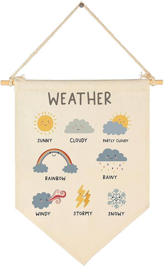 Weather Educational Gift-Flag Sign Present for Toddler Baby Newborn Boys Girls Kids-Banner Wall Decor for Nursery Bedroom Playroom Reading Room Front Door-Baby Present Shower-New Home Christmas Gift