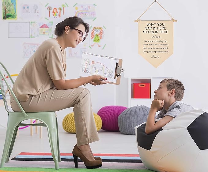 Confidentiality Banner Decor-Counseling Office Wall Sign Decor-Social Worker School Psychologist Signs - Counselor Door Flag Decoration-Therapist Banner Wall Art-What You Say In Here Stays In Here