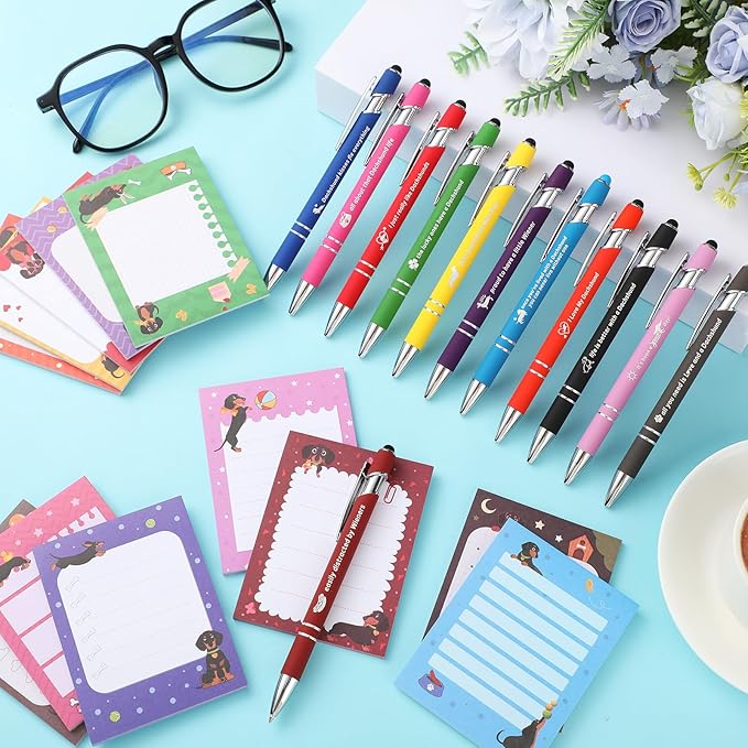 Geyee 24 Pcs Dachshund Sticky Notes with Funny Pens Fun Notepads for Adults Dog Lover 3 x 4 Inch to Do List Notepads with Sayings Pen for Christmas Lab Week Gifts Home Office Supplies