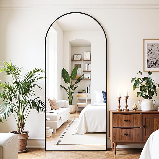 Full Length Mirror, 71"x32" Oversized Floor Mirror Freestanding, Full Body Mirror Floor Standing Mirrors with Stand, Hanging Mounted Mirrors for Bedroom Living Room, Black, Arched Style