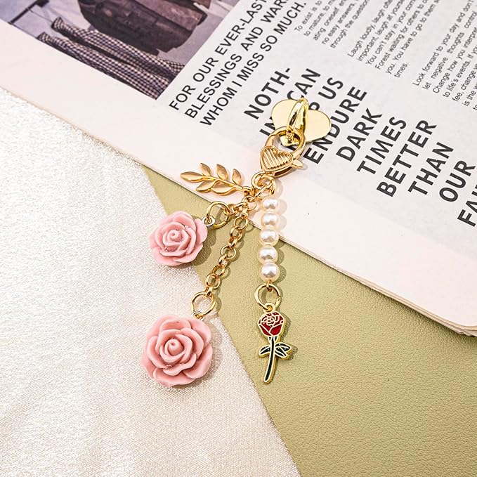 Rose Purse Charms Cute Flower Keychain With Heart Sticker Charm Chain For Kindle Colorful Bag Charms For Handbags