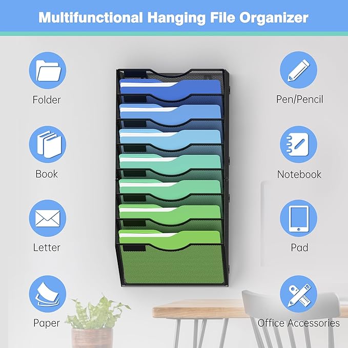 Kuntine.B Wall File Organizer Office Hanging Magazine Holder Wall File Organizer for Office Home (Black, 8 Tier)