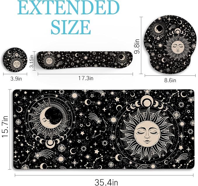 Sun Moon Mouse Pad Set Desk Mat Pad, XXL Large Gaming Mouse Pad with Wrist Rest, Ergonomic Mouse Pad, Keyboard Wrist Rest, Coaster, Home Office Desk Accessories Decor Supplies, Boho Abstract