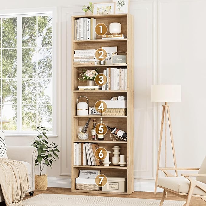 FACBOTALL 82" Tall Bookshelf, 7-Tier Open Shelves Bookcase, Freestanding Display Storage Shelves, Tall Bookcase Home Decor Furniture for Home Office, Living Room, Bedroom, Light Oak