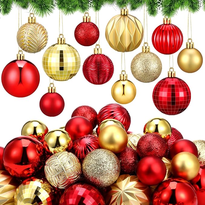 64 Pcs Red and Gold Christmas Ball Ornaments Glitter Matte Xmas Tree Ornaments 1.6 1.97 2.4 Inch Shatterproof Assorted Size Christmas Baubles for Tree Home Indoor Decor