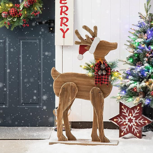 Glitzhome 36" H Lighted Wooden Christmas Chunky Reindeer Porch Sign Standing Deer Porch Decor Rustic Merry Christmas Welcome Sign Holiday Party Outdoor Indoor Xmas Decorations