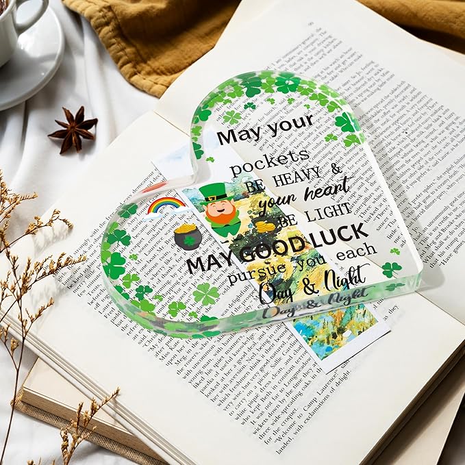 Yopyame St. Patricks Day Gifts - Irish Blessing Four Leaf Clover Acrylic Heart Sign Desk Decor May Your Pockets Be Heavy Shamrocks Keepsake Paperweight for Women Home Table Office Desk Shelf Mantle