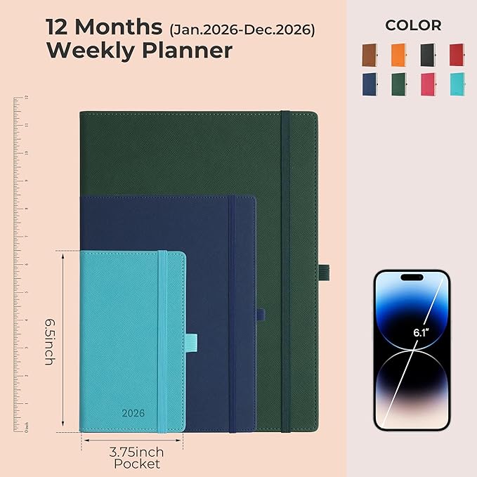 Weekly Monthly 2026 Planner (Jan.26-Dec.26),6.5"x3.75",12 Months Agenda Plan with Month Tabs & Pocket,Expenses/Note Pages, Appointment Book Calendar with Hardcover Vegan Leather Cover,Blue