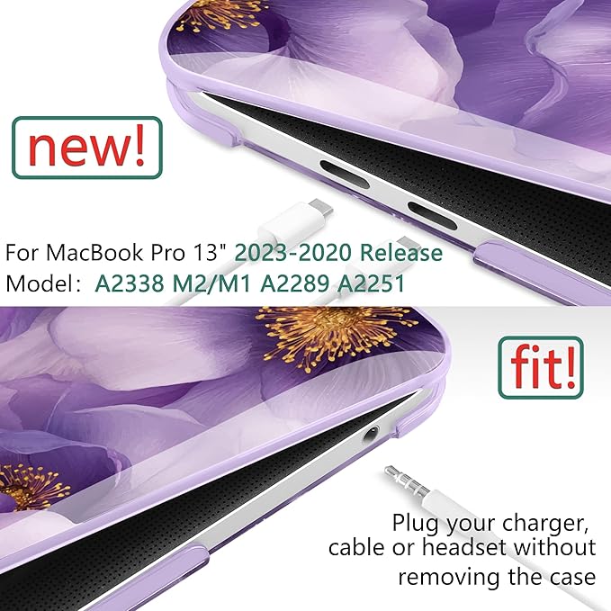 TWOLSKOO Compatible with MacBook Pro 13 inch Case 2023-2016 A2338 M2/M1 A2251 A2289 A2159 A1989 A1706, Plastic Hard Shell Cover & Keyboard Skin & Screen Protector, Purple Flowers