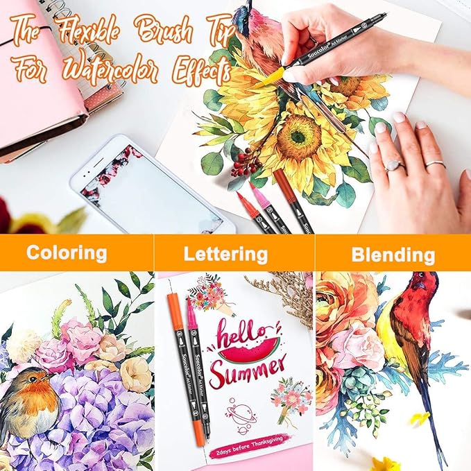 Soucolor Art Brush Markers Pens for Adult Coloring Books, 36 Colors Numbered Dual Tip (Brush and Fine Point) Marker Pen for Kids Note taking Planner Hand Lettering Calligraphy Drawing Journaling