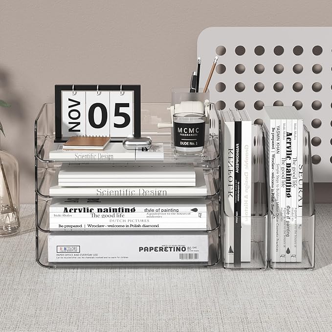 4-Tier Clear Acrylic Paper Tray Organizer for Desk with 2 Matching Bookends – Stackable Letter Tray Set, Stackable Paper Trays, Acrylic Desk Accessories/File Organizer, Office Organizer
