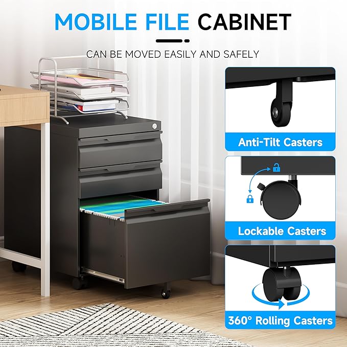 Bestoo 3-Drawer Mobile File Cabinet with Lock, Metal Filing Cabinet on Wheels for Home Office Under Desk, Fits File Folders, Letter/Legal/F4/A4 Size, Assembly Required (Black)