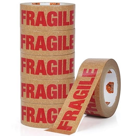 TAPEBEAR Fragile Tape Eco-Friendly Kraft Paper Tape 2Inch x 55Yard, Biodegradable Packaging Brown Paper Tape Self Adhesive Box Tape for Small Business, Shipping, Sealing, Moving, 6Rolls