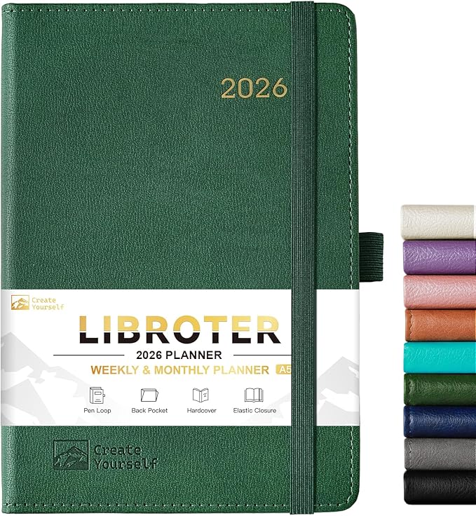 2026 Planner - Planner 2026, 2026 Weekly Monthly Planner, Jan.2026 - Dec.2026, 5.7'' x 8.4'', Thick Paper, Leather Cover, Pen Holder, Back Pocket, Bookmarks, Perfect Daily Organizer - Dark Green