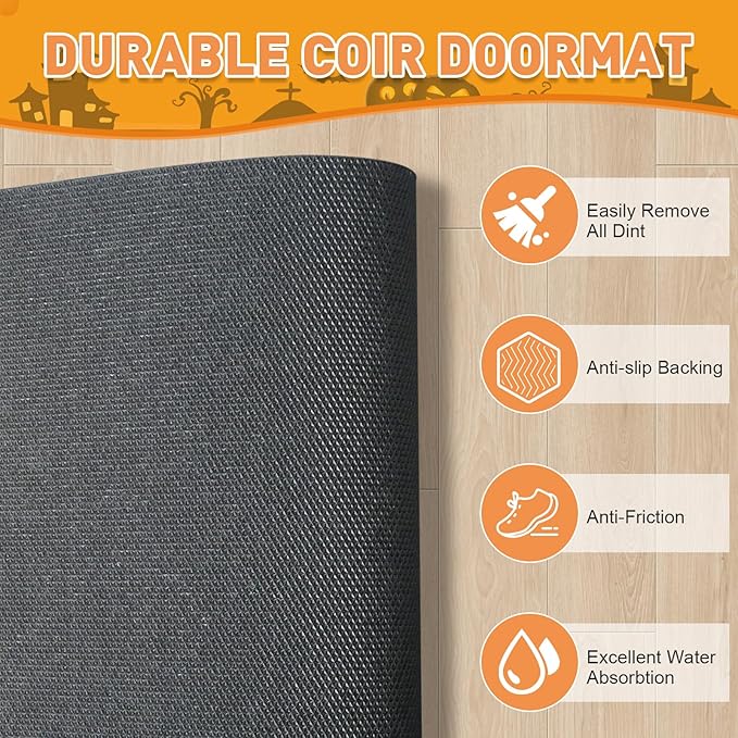 2 Pcs Halloween Welcome Door Mat 30 x 17 Inch Funny Skeleton Welcome Coir Doormats for Front Door Skull Pumpkin Door Mat Non Slip 2-in-1 Buffalo Plaid Rug for Outside Entrance Porch Home Patio Decor