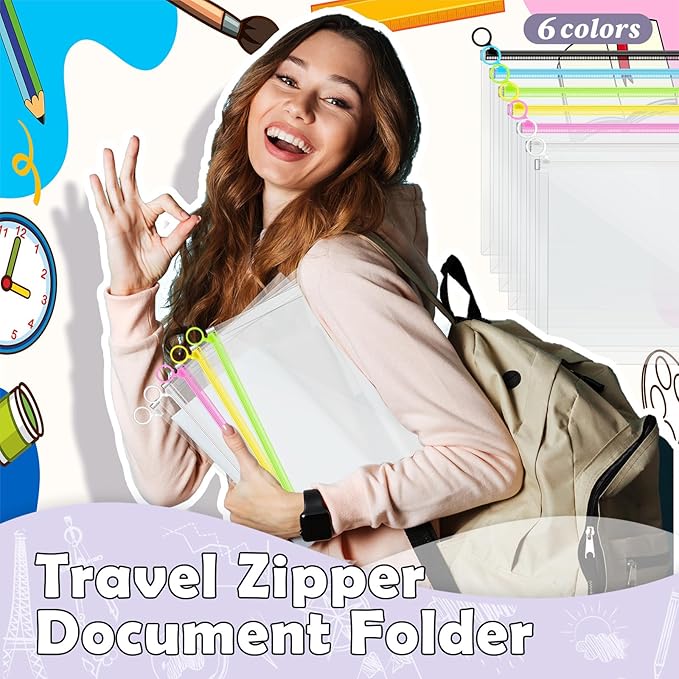 Yexiya 30 Pcs Back to School Clear Plastic Zip Envelope A4 Zipper Document Folder 13 x 9.7In File Folder Expanding Envelope Pouch for Paper Pencil Storage Office Supplies (Stylish Colors)