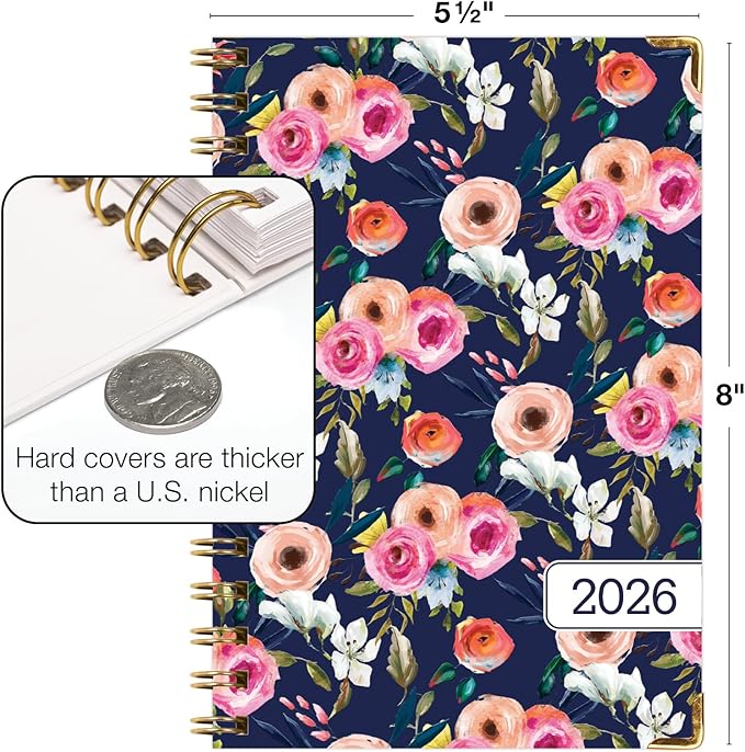 HARDCOVER 2026 Planner, 5.5"x8": 14 Months (November 2025 - December 2026), Daily Weekly Monthly Planner, Yearly Agenda, Bookmark, Pocket Folder and Sticky Note Set (Small Navy Floral)