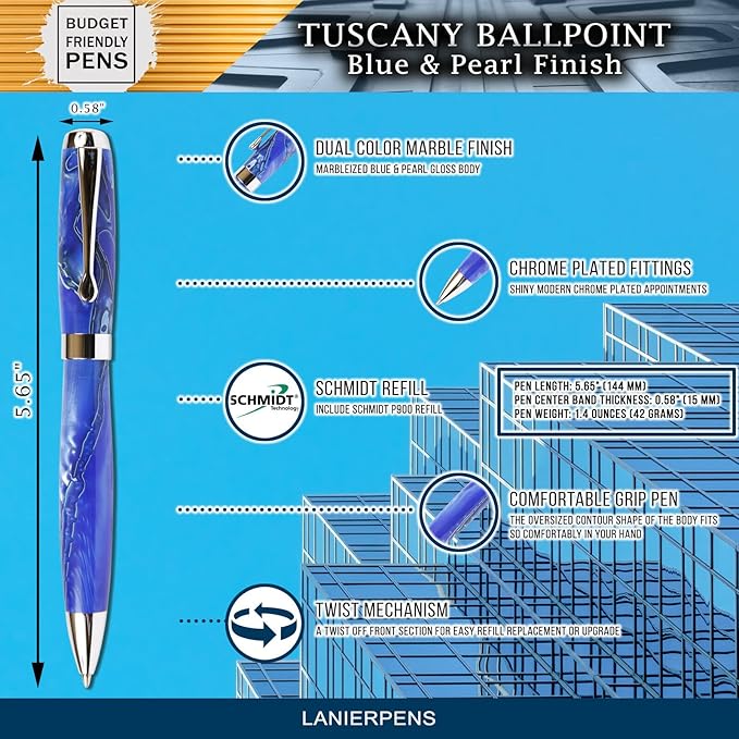 Tuscany Blue & Pearl Ballpoint Pen - Marbleized Gloss Body