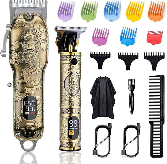 Soonsell Hair Clippers for Men T-Blade Trimmer Set,Man Professional Cordless Barber Clippers Set ，Blade Close Cutting Beard Trimmer ，LCD Display(Gold)