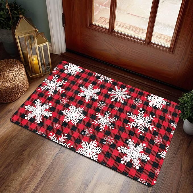 Merry Christmas Snowflakes Red Plaid Door Mat, Christmas Buffalo Plaid Doormat with Non-Slip Backing Front Porch Rug Welcome Mats for Home Indoor Outdoor, 16" x 24" Inch