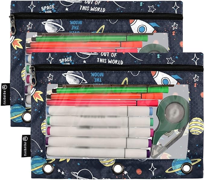 Space Rocket Planet Pencil Pouch for 3 Ring Binder, 2 Pack Waterproof Pencil Bags Clear Window Zipper School Office Supplies