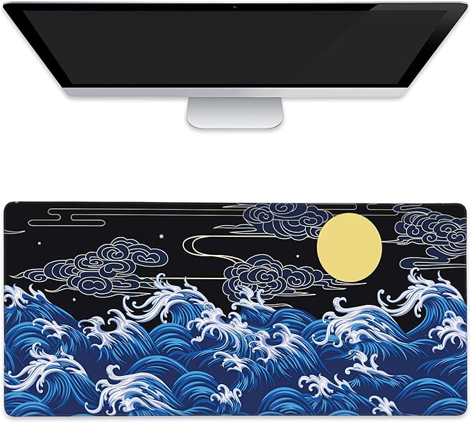 Large Mouse Pad Decorative Waves in Oriental Style Extended Gaming Mouse Pad Desk Mat Stitched Edges Mousepad Non-Slip Rubber Base Keyboard Pad for Laptop Computer PC 35.4 x 15.7 inches