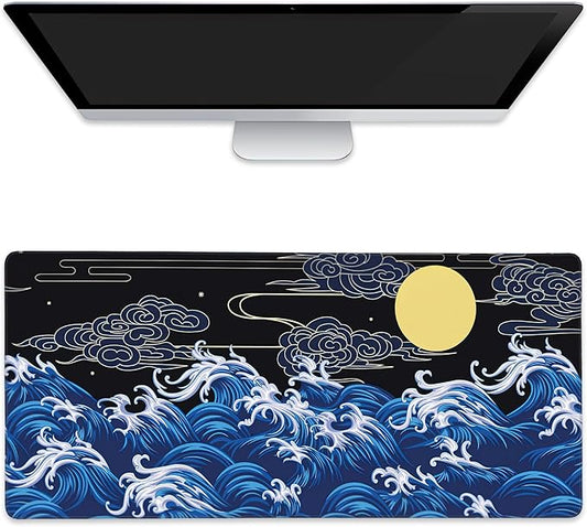 Large Mouse Pad Decorative Waves in Oriental Style Extended Gaming Mouse Pad Desk Mat Stitched Edges Mousepad Non-Slip Rubber Base Keyboard Pad for Laptop Computer PC 35.4 x 15.7 inches