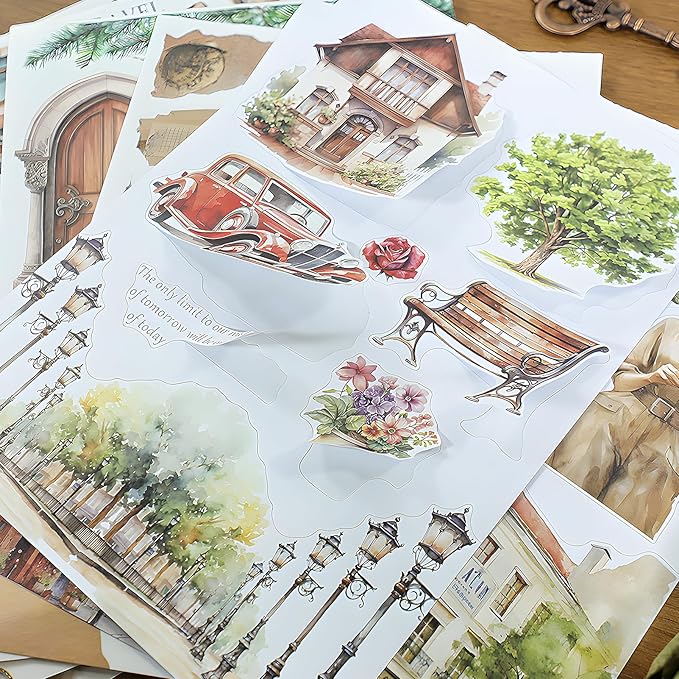 Snycler streetscape Theme Sticker Scrapbooking Supplies for Junk Journal, 20 Sheets PET Stickers - Vintage Journaling Stickers, Ephemera Sticker Book Pre Cut, Planner, Junk Journal Supplies