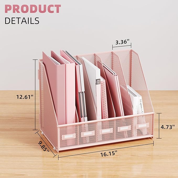 Marbrasse File Organizer for Desk,Desk File Organizer with 5 Vertical Compartments Mesh Magazine File Holder for Office School