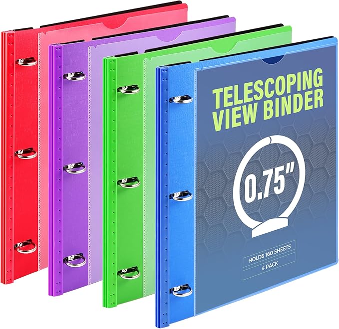 WOT I 4-Pack Telescoping 3 Ring Binder(0.75"), Expandable Flexible Binder - Patented Design for Easy Portability, Holds 160 Sheets, 4 Vibrant Colors, Perfect for School, Office&Home Organization