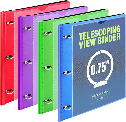 WOT I 4-Pack Telescoping 3 Ring Binder(0.75"), Expandable Flexible Binder - Patented Design for Easy Portability, Holds 160 Sheets, 4 Vibrant Colors, Perfect for School, Office&Home Organization