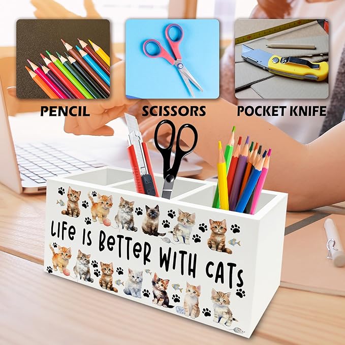 Cat Pen Pencil Holder Organizer for Desk, Cat Lovers Mom Lady Gifts for Women, Life Is Better with Cats Wooden Box Signs Decorations for Home Office Desk Tabletop, Gifts for Pet Lovers