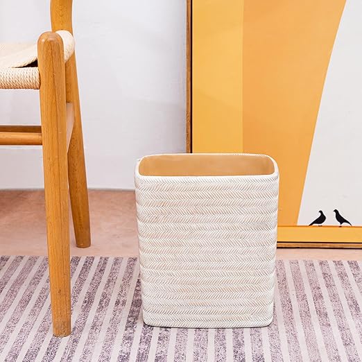 Polytree Bathroom Trash Can 1.8 Gallon Small Kitchen Garbage Can,Decor Wastebasket for Bedroom Office,Resin Hand-Carved Bamboo Wicker,Farmhouse White