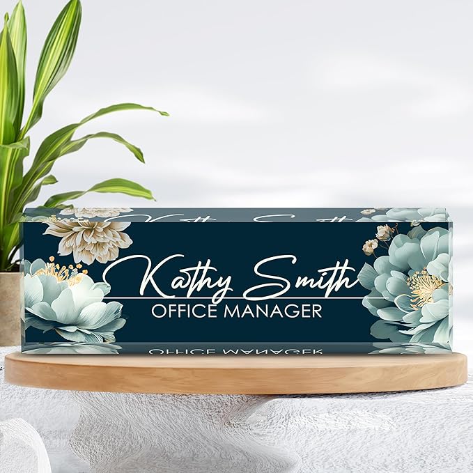Personalized Name Plate for Desk, Custom Desk Name Plate, Acrylic Name Plate Office Desk Accessories, Personalized Office Gifts for Coworkers Teachers, Employee Appreciation Gifts (B-White Flower)