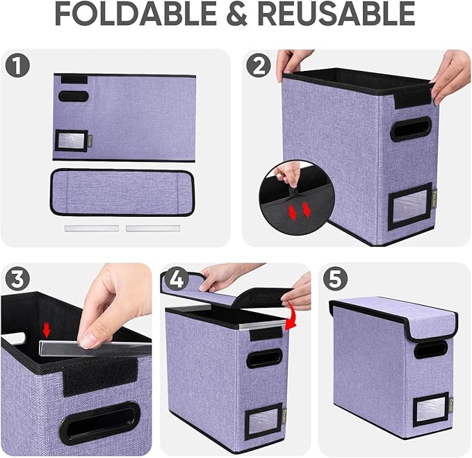 BALEINE File Organizer Box with Lid, Collapsible File Folder Organizer with Plastic Slide, Hanging File Folder Box for Office Document Storage (2 Pack, Purple, S)