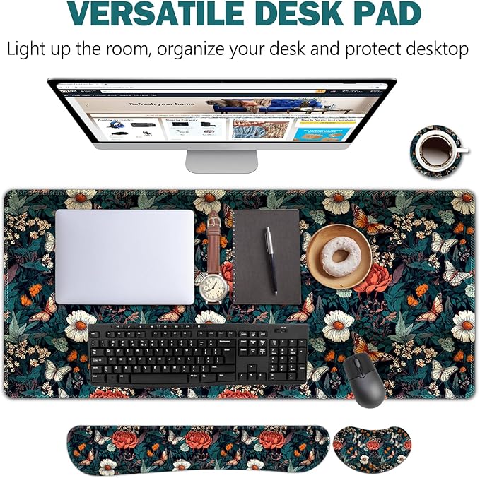 AIMSA XXL Large Gaming Mouse Pad Set with Wrist Rest, Retro Floral Butterfly Pattern, Multicolor, Fabric, Memory Foam, 4 in 1 Combo, Ultra-smooth, Non-slip, Stitched Edges