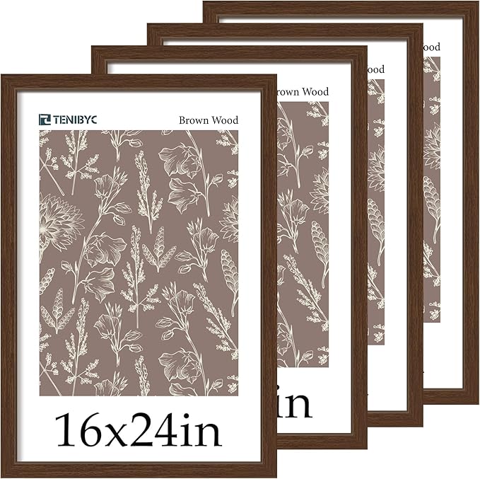 16x24 Wood Frame - 4 Pack, Brown Wood Grain, Display 16x24 or 24x16 Photos, Posters and Puzzles, Picture Frame for Wall
