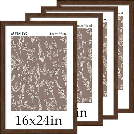 16x24 Wood Frame - 4 Pack, Brown Wood Grain, Display 16x24 or 24x16 Photos, Posters and Puzzles, Picture Frame for Wall