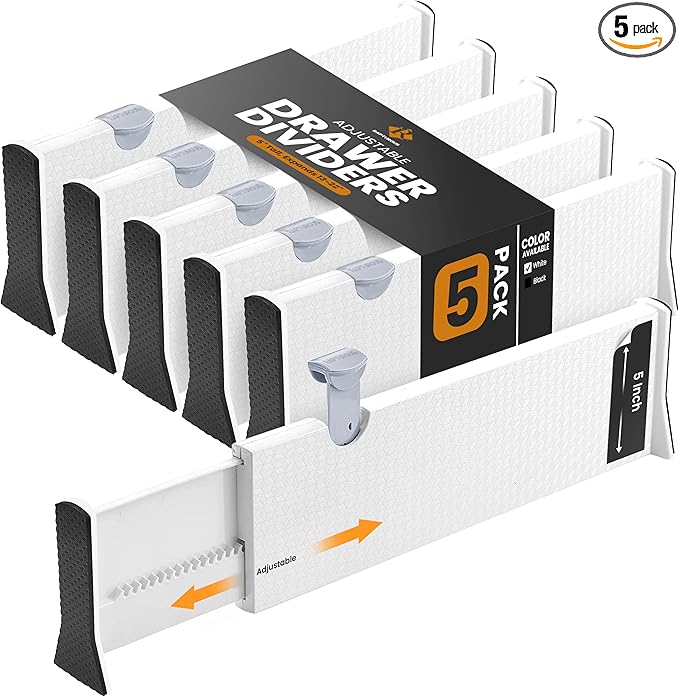 RAPTUROUS Adjustable Deep Drawer Divider – 5" Tall, Expandable 13-22", 5-Pack, Non-Slip Drawer Dividers for Clothes, Dresser, Kitchen & Office Organization (White)