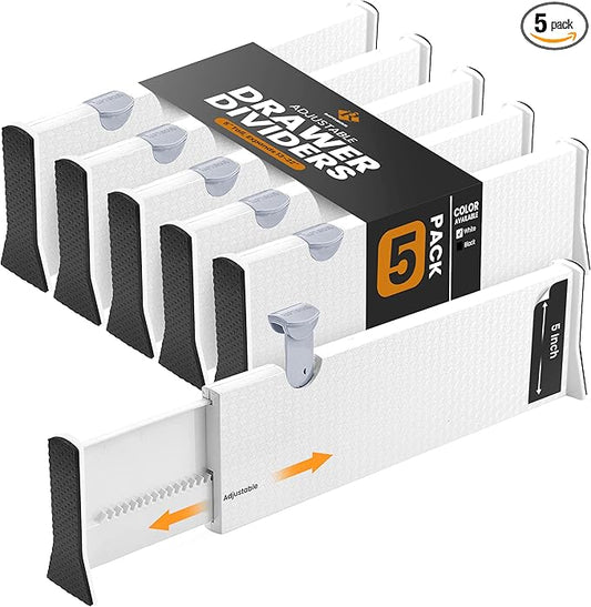 RAPTUROUS Adjustable Deep Drawer Divider – 5" Tall, Expandable 13-22", 5-Pack, Non-Slip Drawer Dividers for Clothes, Dresser, Kitchen & Office Organization (White)