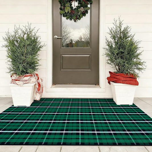 KIMODE Christmas Doormat Outdoor 3x5, Black and Green Buffalo Plaid Checkered Outdoor Rug, Washable Farmhouse Cotton Woven Door Mat Outside Entrance for Front Porch Entryway Patio Decor