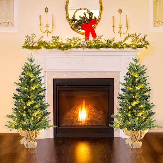 HAPPYGRILL 3FT Small Pre-Lit Christmas Tree, Mini Tabletop Xmas Tree with 363 Branch Tips, 50 LED Lights, Burlap Cement Base, Timer, Artificial Spruce Christmas Tree for Home Office Decor