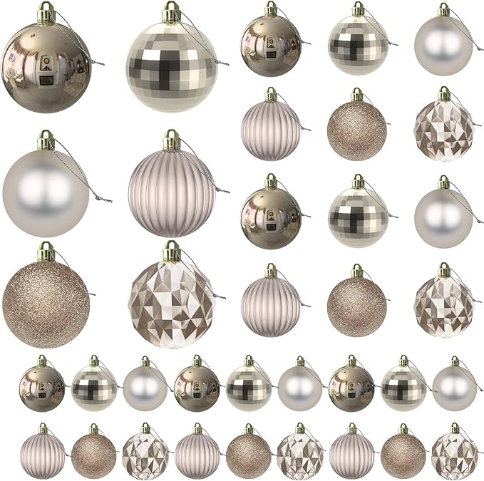 Champagne Gold Christmas Ornaments - Christmas Tree Decorations Shatterproof Hanging Balls for Birthday Wedding Holiday Decor Set of 36pcs, Multi-Sizes(1.6",2.5",3.2")