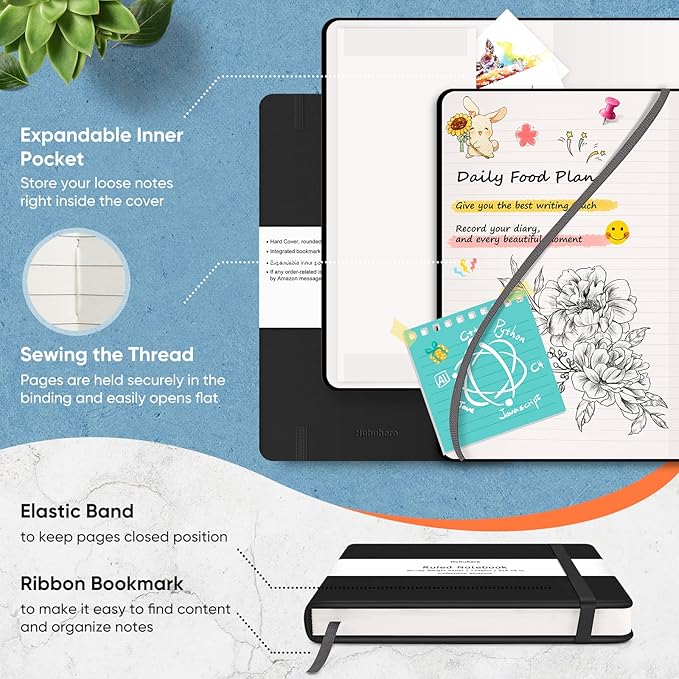 Huhuhero Notebooks Journal, Ruled Notebook, Premium Thick Paper Lined Journal, Black Hardcover Notebook for Office Home School Business Writing Note Taking Journaling, 5"×8.25" (12, Black)