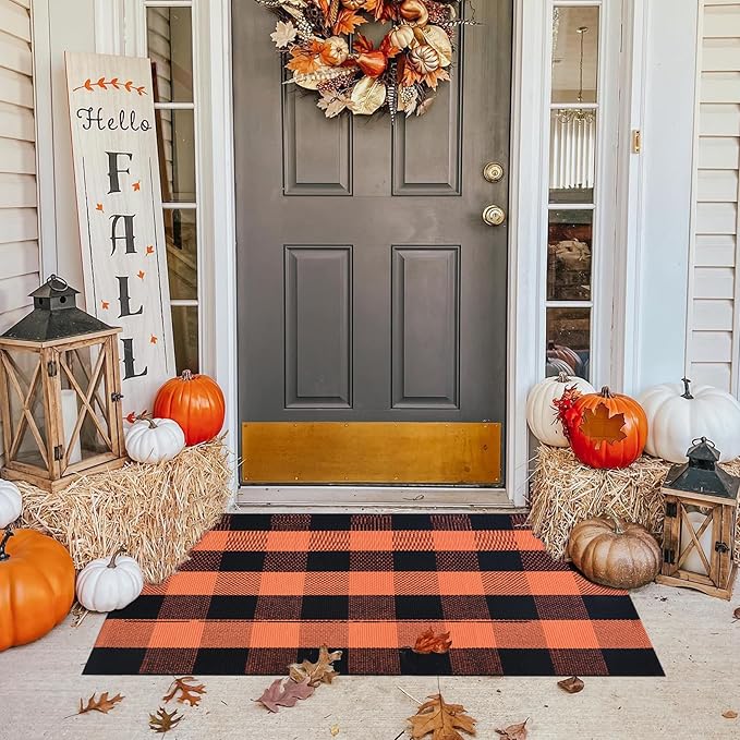 Ckorzen Fall Plaid Rug 28" x 43", Orange and Black Buffalo Check Front Porch Outdoor Layered Doormat, Cotton Hand-Woven Washable Rug for Halloween Thanksgiving Autumn Decor