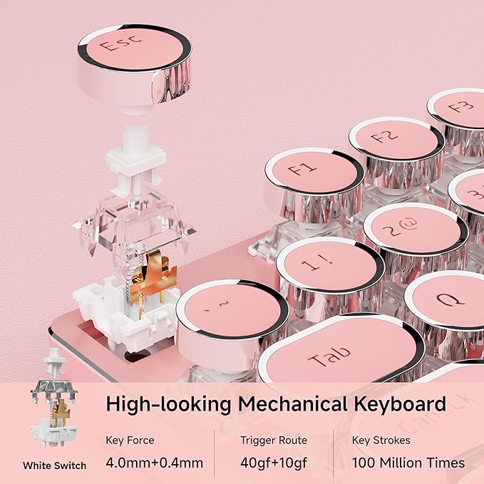 EWEADN Typewriter Style Mechanical Gaming Keyboard, Wired Mechanical Keyboards,104 Keys Backlit LED Keyboards, Media Control Knob, Wired Computer Keyboard White Switch for Windows/Mac/PC-Dark Pink
