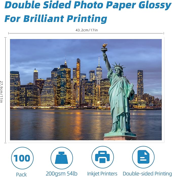 Uinkit 100 Sheets Double Sided Photo Paper 11x17 Glossy 54lb Inkjet 200gsm Obituary Bulletin Gallery Show Obituaries A3 size 11 x 17 inch for Inkjet Printer Printing