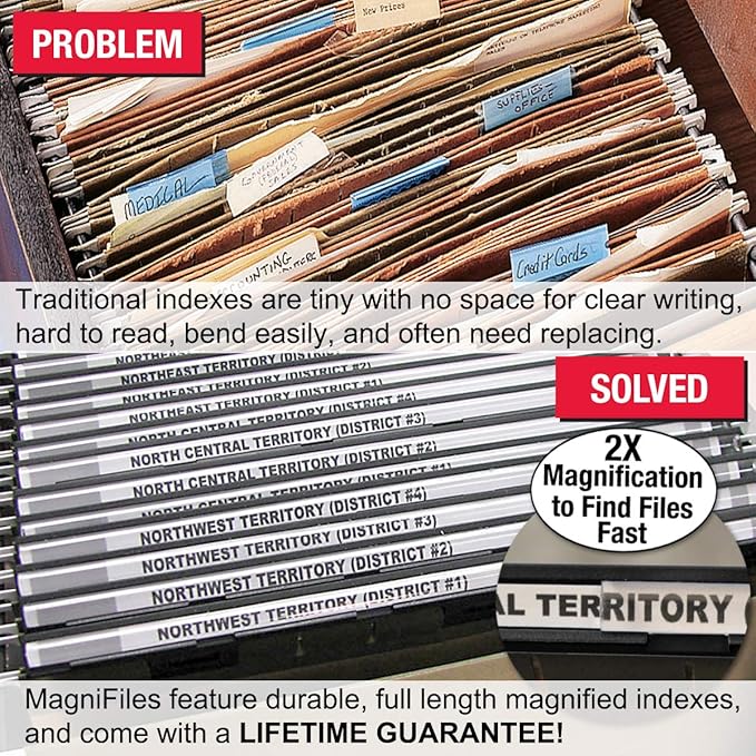 Ultimate Office MagniFile Insertable Hanging File Folder Tabs. Indexes That Double The Size of Your File Titles to Find Files Fast! (Set of 20), Black