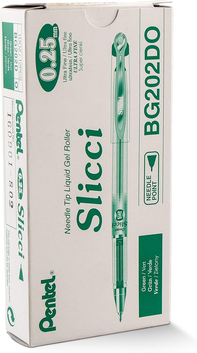 Pentel Arts Slicci 0.25 mm Extra Fine Gel Pen, Green Ink, Box of 12 (BG202-D)