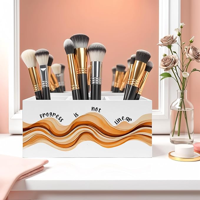 Inspirational Mental Health Pencil Pen Holder for Desk, Progress Is Not Linear Wooden Pencil Holder Organizer for Therapy Office Desk Accessories, School Counselor Office Must Haves